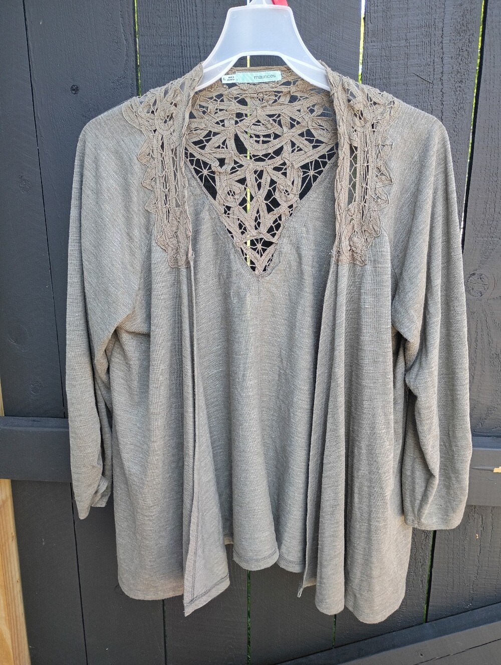 Maurices Crochet-Back Open Front Cardigan in Taupe